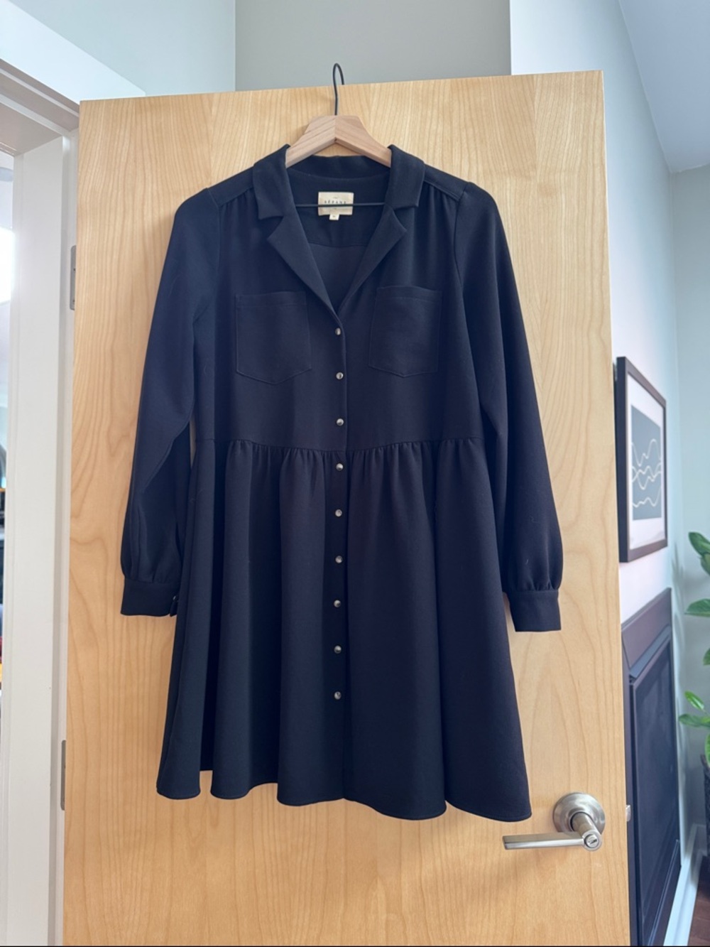 Sezane Black Button-Front Long Sleeve Dress